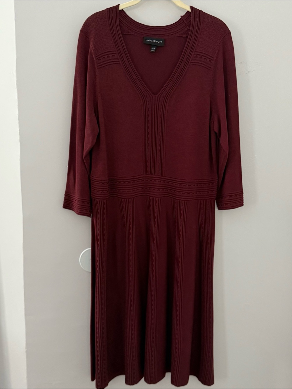 Lane Bryant 14/16 Burgundy Pointelle Knit Midi Sweater Dress V-neck A-Line Plus